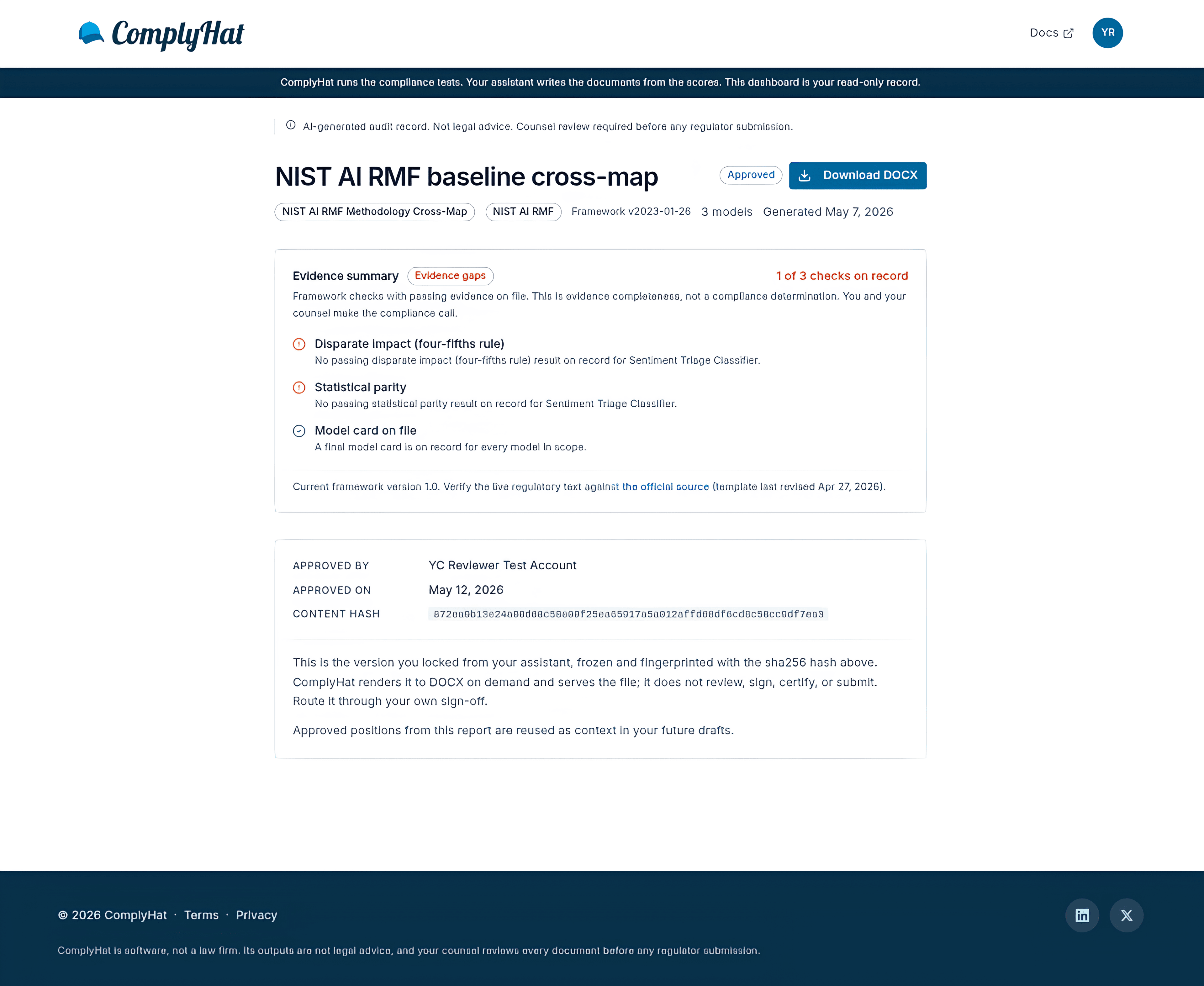 ComplyHat report detail: the Approved badge, per-check evidence summary, who approved it and when, and the sha256 content hash of the fingerprinted document